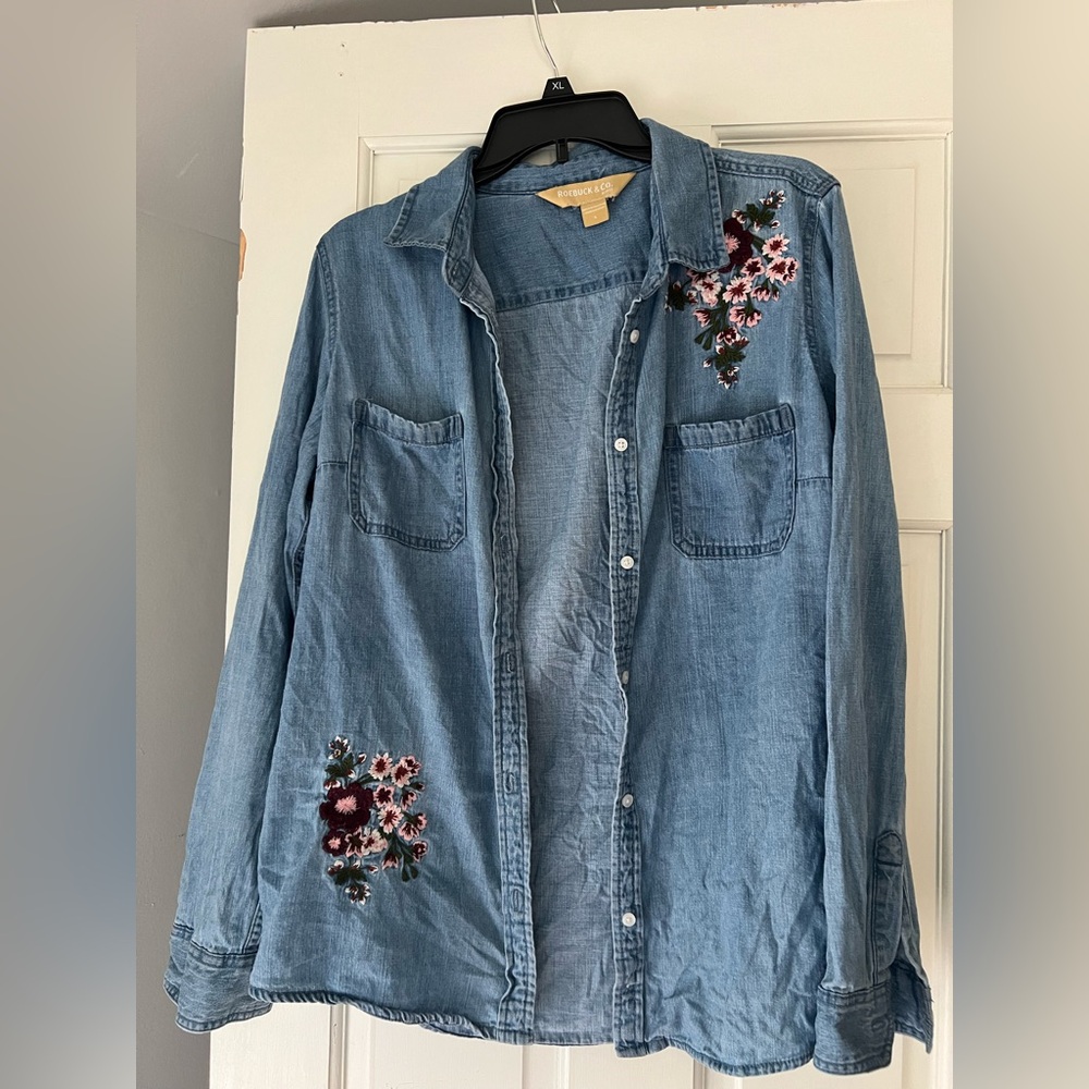 Embroidered Denim Shirt with Floral Design